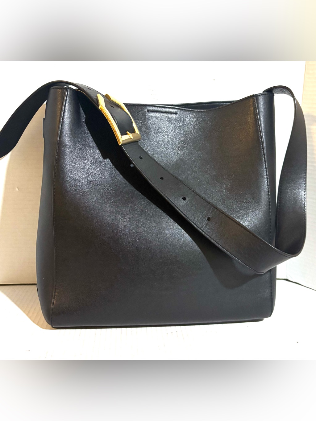 Cole Haan Black Leather Shoulder Bag With Gold Buckle